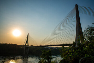 Fototapeta premium Illuminated cable-stayed bridge: Brazil-Paraguay Bridge at Night