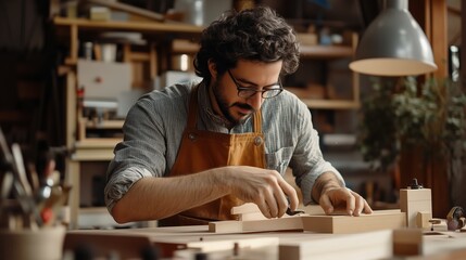 Fototapeta premium Craftsman working diligently in a workshop, meticulously shaping wood pieces in the early afternoon light