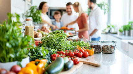 A stylish, high-end kitchen where a mixed-race family is preparing dinner together, with vibrant vegetables and ingredients laid out on the countertop