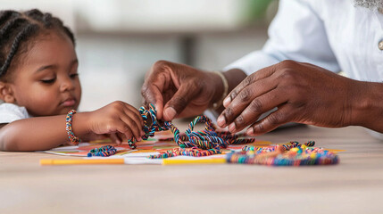 Fototapeta premium A close-up of hands working together on a craft project, highlighting the skill of an elder teaching a young child, with vibrant materials spread around them. 