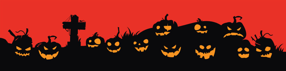 Halloween atmosphere illustration with pumpkin graveyard background and red sky