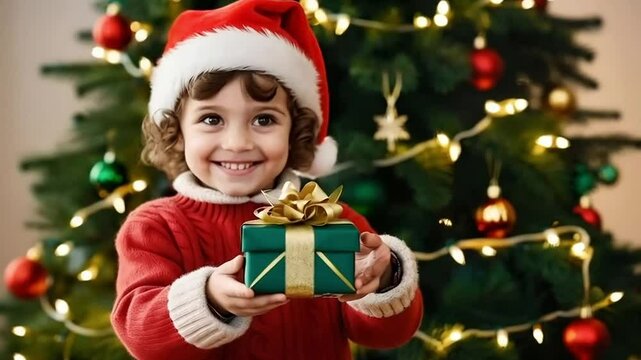 Child share in the warmth and generosity of giving a special gift in Christmas