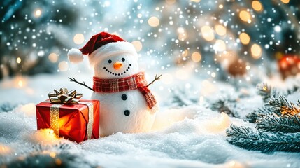 Fototapeta premium Snowman standing by illuminated christmas tree in snowy forest at night