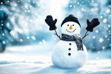 Obraz premium Happy snowman standing in snowy winter wonderland