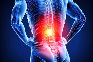 Woman holding her back in pain with visible spine