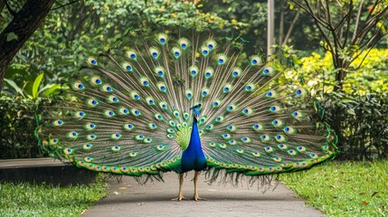 Obraz premium Beautiful peacock displaying its magnificent tail feathers