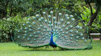 Obraz premium Beautiful peacock displaying its magnificent tail feathers