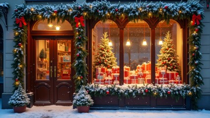 Obraz premium Cozy holiday shop window adorned with snowy decorations and festive gifts in a charming winter setting