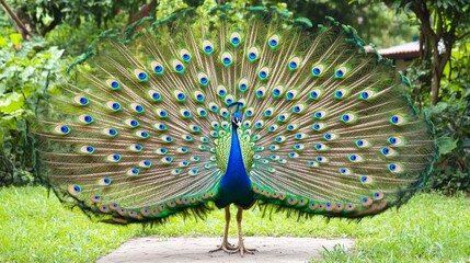 Obraz premium Beautiful peacock displaying its magnificent tail feathers