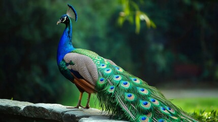 Beautiful peacock displaying its magnificent tail feathers