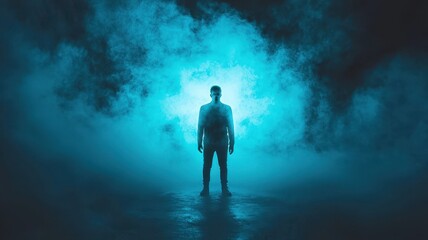 Fototapeta premium A silhouette of a figure stands against a glowing blue mist, creating a mysterious and ethereal atmosphere.
