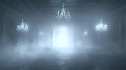 Eerie Gothic Halloween Ballroom with Flickering Chandeliers - Ultra-Detailed 3D Render Illustration
