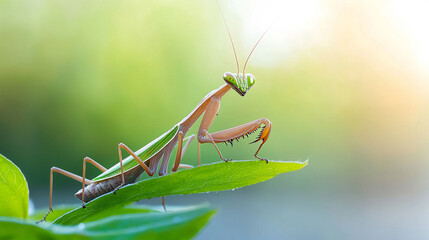 A high-resolution image of a striking mantis poised gracefully on a green leaf, with its bold colors standing out against the softly blurred background. 