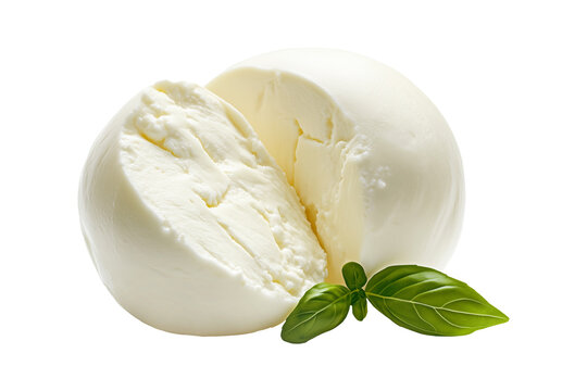 Fresh Treccia mozzarella cheese balls isolated on white transparent background. Concept of fresh dairy products and Italian cuisine