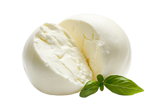 Fresh Treccia mozzarella cheese balls isolated on white transparent background. Concept of fresh dairy products and Italian cuisine