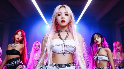 Eleven beautiful women in stylish dresses posing under stage lights