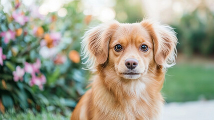 Obraz premium A captivating image showcasing a gentle dog gazing curiously at the camera, with a lush garden in the background. 