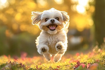 Small white dog is jumping towards the camera with a huge smile on its face, enjoying the warm light of the setting sun. The background is blurred and out of focus
