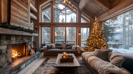 Fototapeta premium Elegant modern candlelit living room with a decorated Christmas tree and large windows 