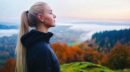Blonde woman wearing a puffer jacket smiling in the icelandic countryside