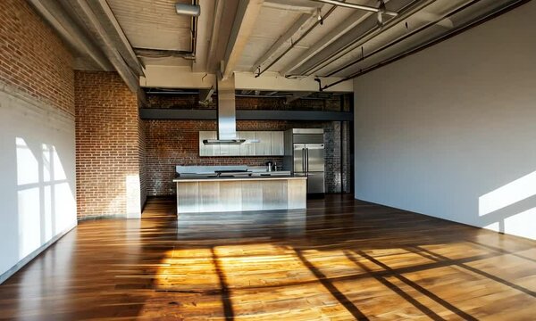 Modern loft apartment kitchen and living space with exposed brick and hardwood floors