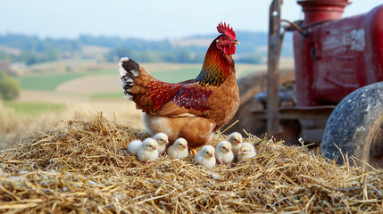 A serene scene capturing a mother hen with her chicks nestled in fresh straw, surrounded by rustic farm equipment and rolling farmland in the background.