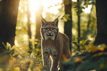 An Eurasian lynx standing near a tree in an autumn forest