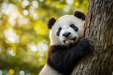 Fototapeta premium Close-up of a cute panda bear sitting on a tree