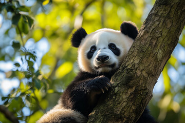 Obraz premium Close-up of a cute panda bear sitting on a tree