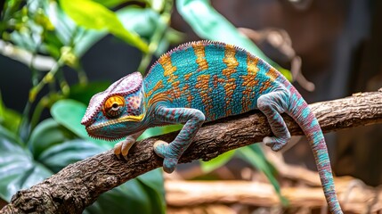 Chameleon changing colors on a branch, highlighting its unique adaptation