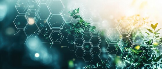 Futuristic background featuring interconnected hexagonal patterns merging with lush green leaves under soft light