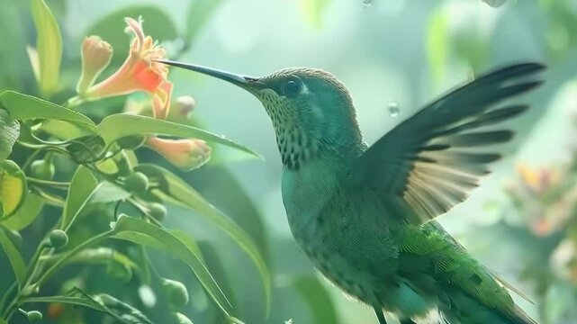 Playful hummingbird sipping nectar from flower, Video