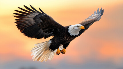 Fototapeta premium A stunning close-up of a majestic eagle in mid-flight, its wings spread wide against a vibrant sunset backdrop.
