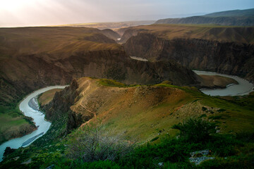 Kuokesu Grand Canyon, one of scenic areas in Kalajun Grassland which the landscape features are high gorges, flat lakes, snow-capped mountains, Tekes County, Ili Kazakh Autonomous Prefecture, Xinjiang