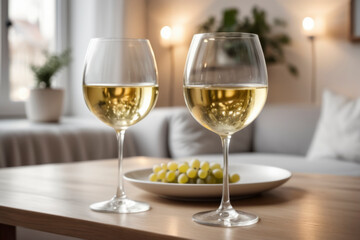 Two glasses of white wine with blurred green grapes on plate, defocused background with copy space. Cozy home atmosphere is complemented by light contemporary interior, creating relaxed, elegant vibe