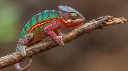 Chameleon changing colors on a branch, highlighting its unique adaptation