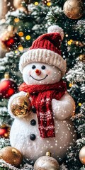 Cheerful snowman wearing santa hat and scarf near christmas tree
