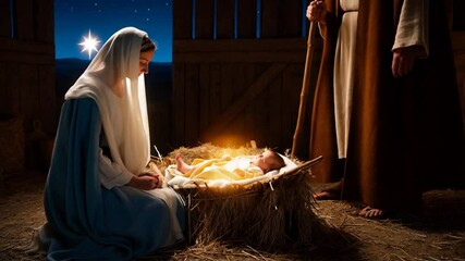 A woman kneels beside a manger holding a newborn baby. A man stands behind the woman, gazing down at the child
