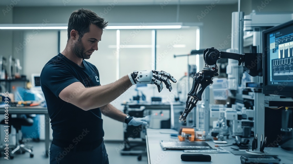 Poster a technician is working closely with a robotic prosthetic arm in a well-equipped research laboratory