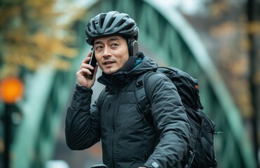 Businessman commuting on bicycle wearing a black helmet and jacket while speaking on the phone outdoors