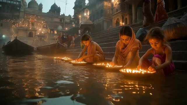 Three girls light diyas in the Ganges River in Varanasi, India