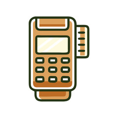 A small, brown, and green electronic device with a calculator on it. It is a credit card reader