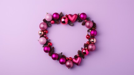 Obraz premium Heart-shaped Christmas wreath made with pink and red baubles, pine cones, and hearts on a light purple background, festive holiday decor, minimalist design, joyful theme, clear copyspace.