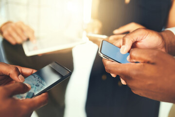 Business people, hands and tech for meeting in huddle, campaign project and research media trend. Employees, team and office for feedback on audience engagement, online and closeup for news in circle