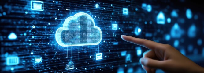 A futuristic digital graphic illustrating cloud computing with a hand interacting with a virtual interface. The cloud is surrounded by various tech icons representing connectivity 