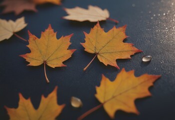 Autumn maple leaves with water drops on a dark background. Selective focus.