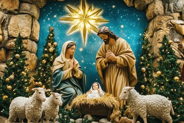 Nativity scene depicting the birth of jesus christ with mary and joseph praying