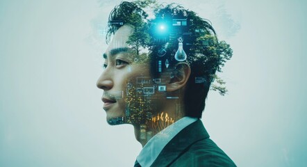 Double exposure of a thoughtful man with a digital interface and nature imagery symbolizing technology and environmental connection
