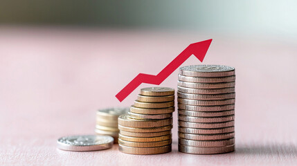 Stacked coins forming a bar graph with a red upward arrow, space for text in the background
