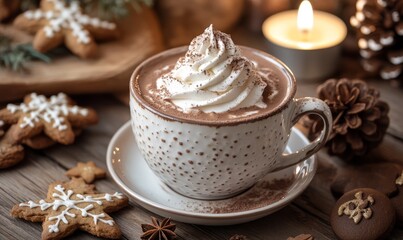 Hot cocoa with whipped cream in a porcelain cup, surrounded by gingerbread cookies and a flickering candle on a rustic wooden table